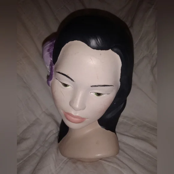 Mid Century Modern Green Eyed Polynesian Woman Head Bust Hibiscus Flower Holland